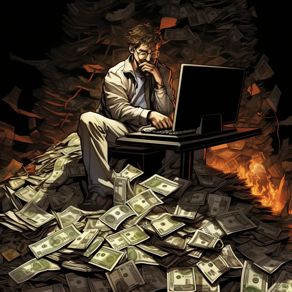 En bild på en person som tjänar pengar vid sin dator. Kanske använder han annonser på sin blogg.