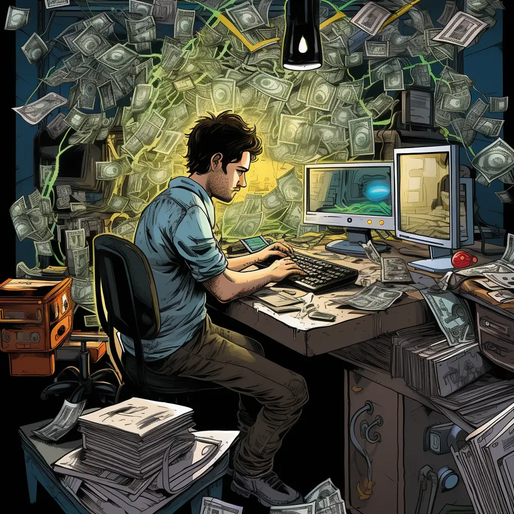 En person som jobbar hårt vid en dator. En illustration till mångas önskan om att tjäna pengar på att blogga.