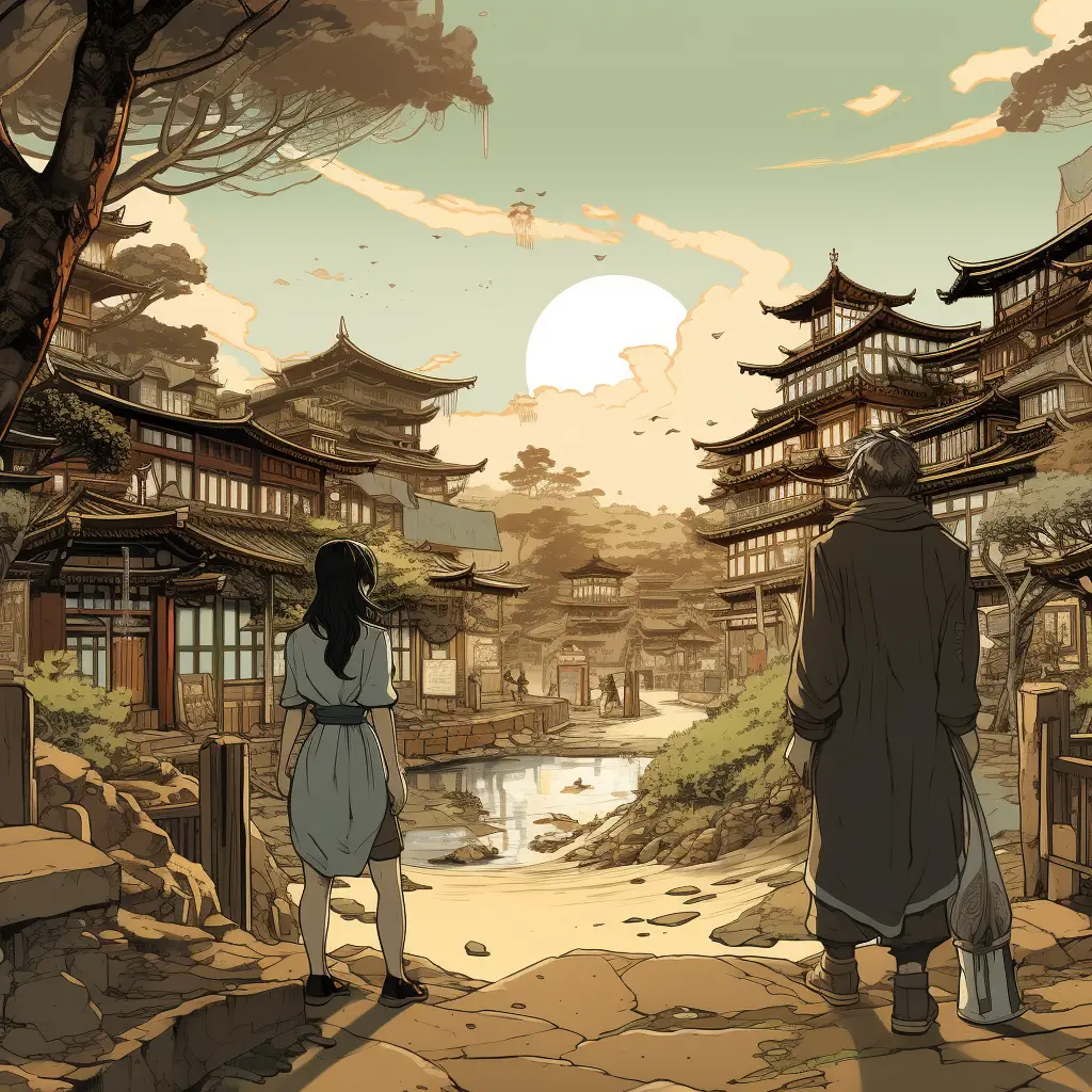 En bild över en japansk by och miljö. Bilden försöker fånga bilden av Ikigai, harmonin i det lilla.
