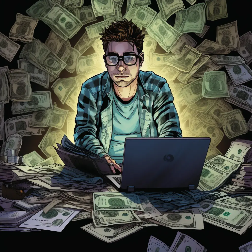 En person som sitter vid en dator, omgiven av pengar. Kanske tjänar han pengar på annonser på sin blogg.
